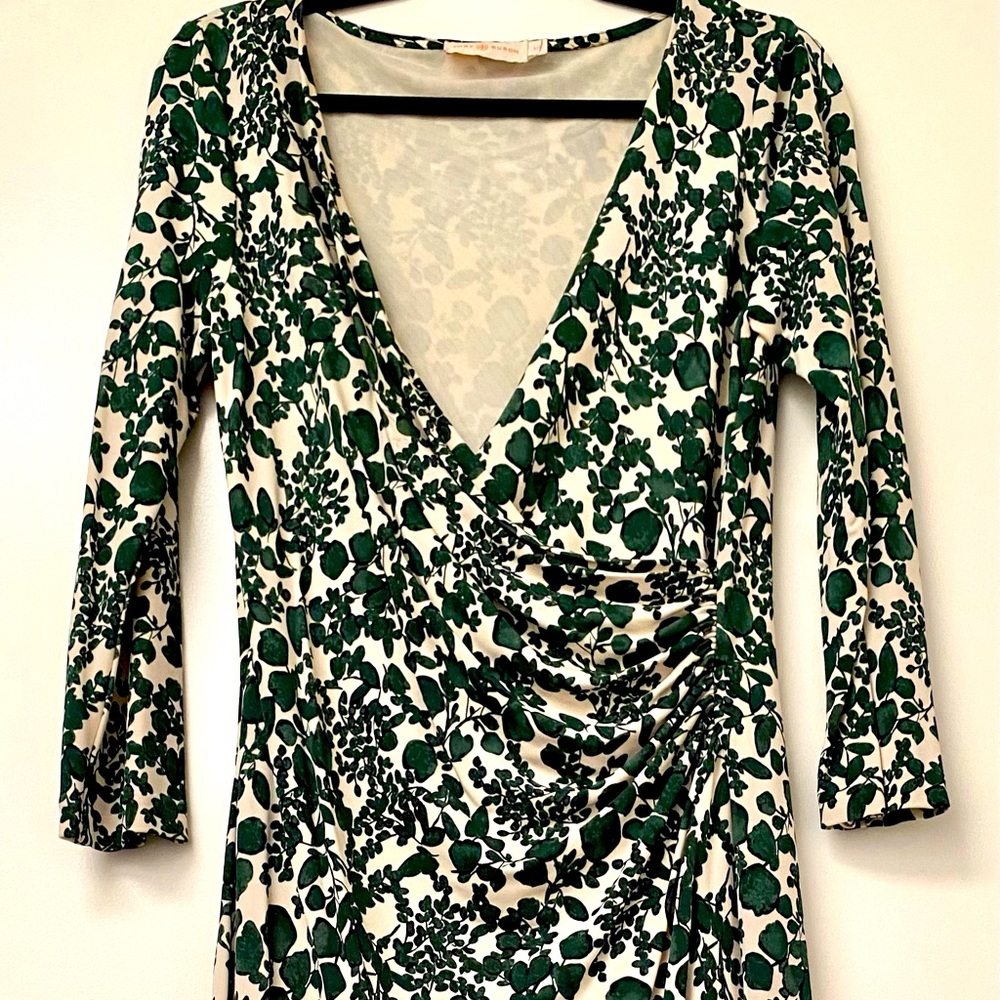 Tory Burch mock wrap green print dress sz 12